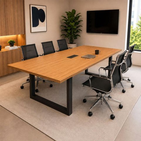 Mesa Reunião Industrial 1,80m x 90cm 100% MDF com Caixa de Tomadas Pés Metal F5 Office Cor:Freij