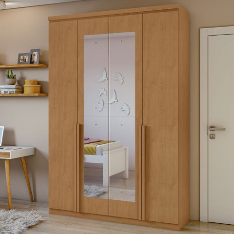 Guarda-roupa Solteiro Alonzo 4 Portas 2 Gavetas com Espelho 100% Mdf Amêndoa Clean - Móveis Lopas