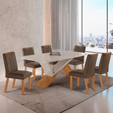 Conjunto Sala de Jantar Mesa Texas Tampo 180cm Canto Copo de MDF/Vidro e 6 Cadeiras Kate