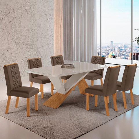 Conjunto Sala de Jantar Mesa Texas Tampo 180cm Canto Copo de MDF/Vidro e 6 Cadeiras Kate Off White/Marrom/Marromle/Serig.