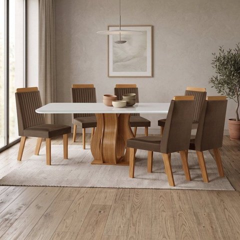 Sala de Jantar 6 Cad Estofadas e Mesa Retangular com Tampo de Vidro Nuance Cinamomo/Creme Yescasa
