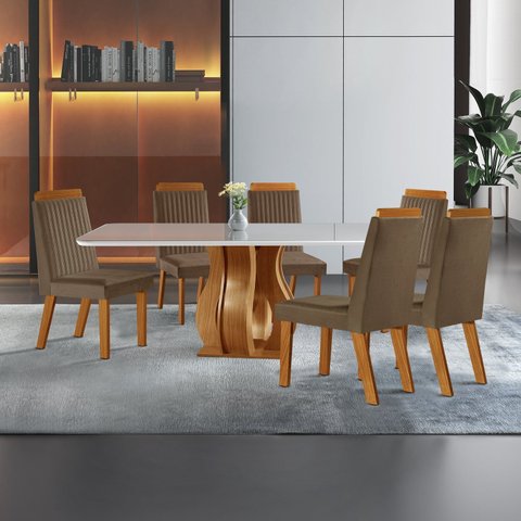 Sala de Jantar 6 Cad Estofadas e Mesa Retangular com Tampo de Vidro Nuance Cinamomo/Creme Yescasa