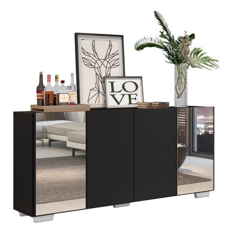 Aparador Buffet 4 Portas Com Espelho E Pés Quadrados Vegas V3563 Preto/Branco Preto/Branco
