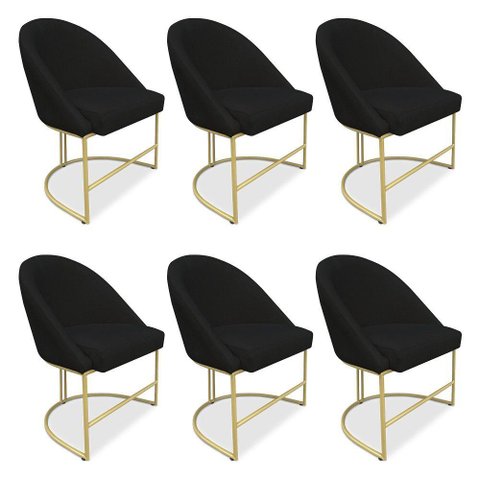 Kit 06 Cadeiras Poltrona de Jantar Bela Suede Base Metálica Industrial Dourado - Pallazio Preto