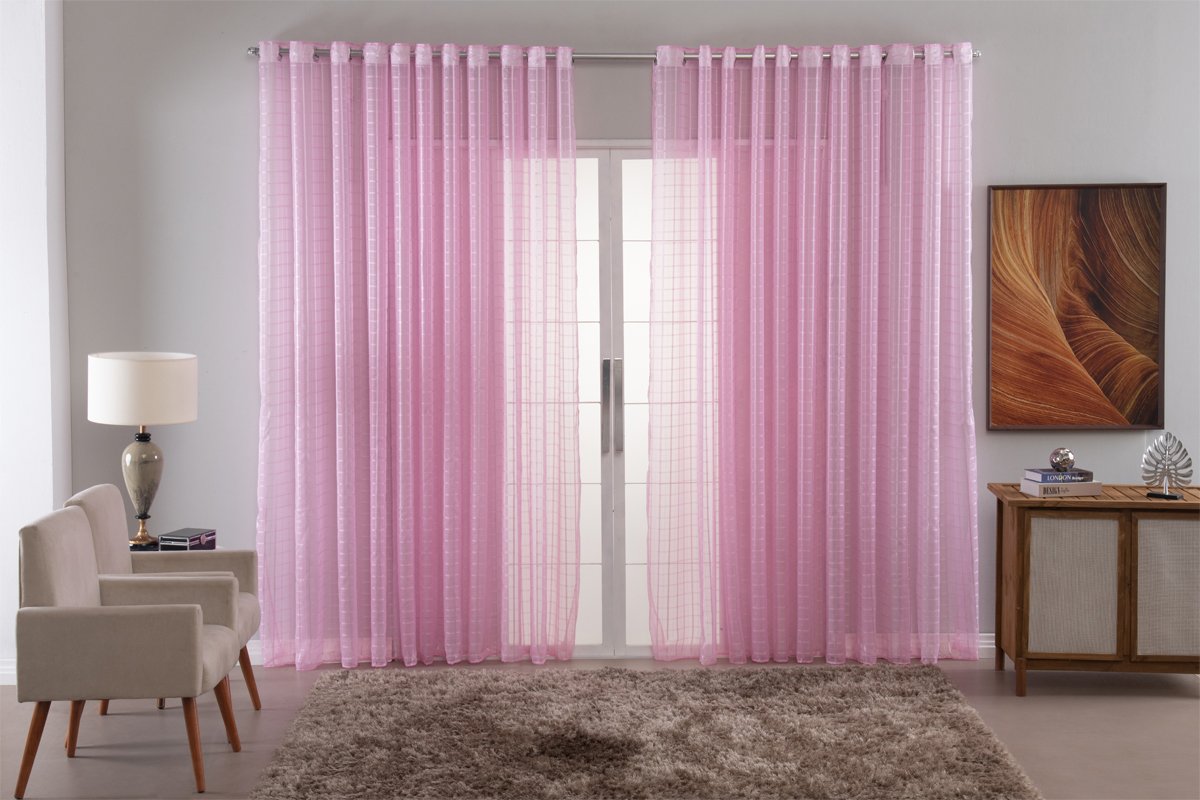 Cortina Voil Xadrez para Sala, Quarto e Cozinha 6,00 X 2,80 Rosa