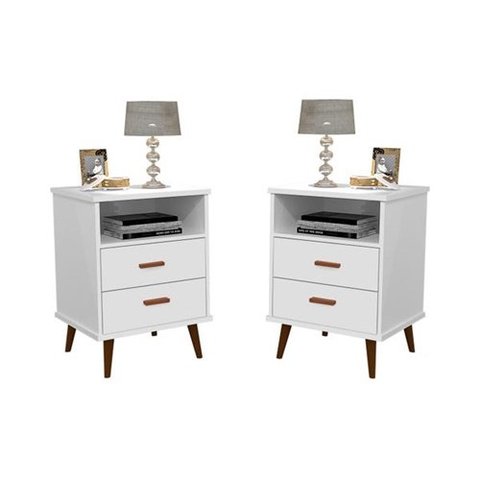Kit 2 Mesa de Cabeceira 2 gavetas pés retrô -itália- Com Cabeceira Queen 1,60 cm -areia- - Branco