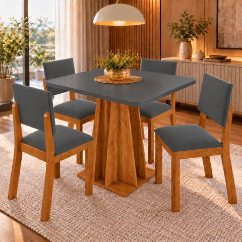 Conjunto Sala de Jantar Flash 4 Lugares Mesa Quadrada MDF 18mm 4 Cadeiras Estofadas Veludo