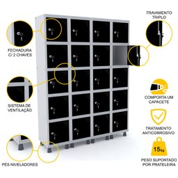 ROUPEIRO DE AÇO 4M 20 PORTAS FECHADURA PANDIN - CINZA/PRETO - 3