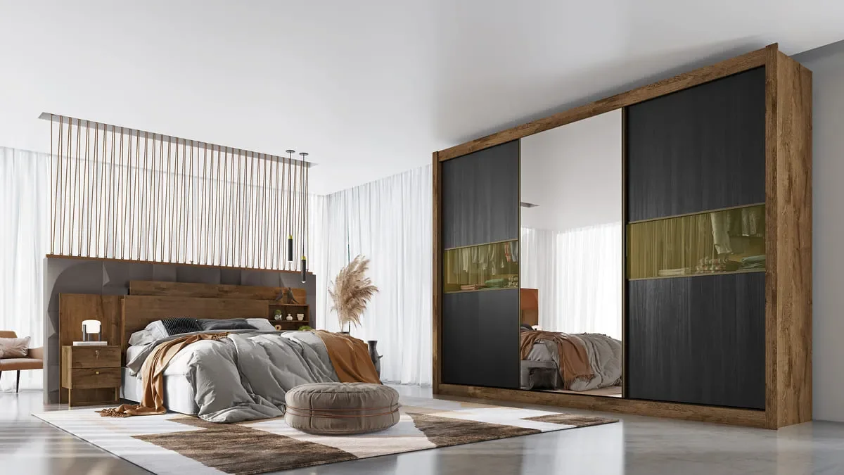 Guarda Roupa 3 Portas 6 Gavetas com Espelho Genebra Móveis Europa:Brauna Preto Absoluto Sepia - 3