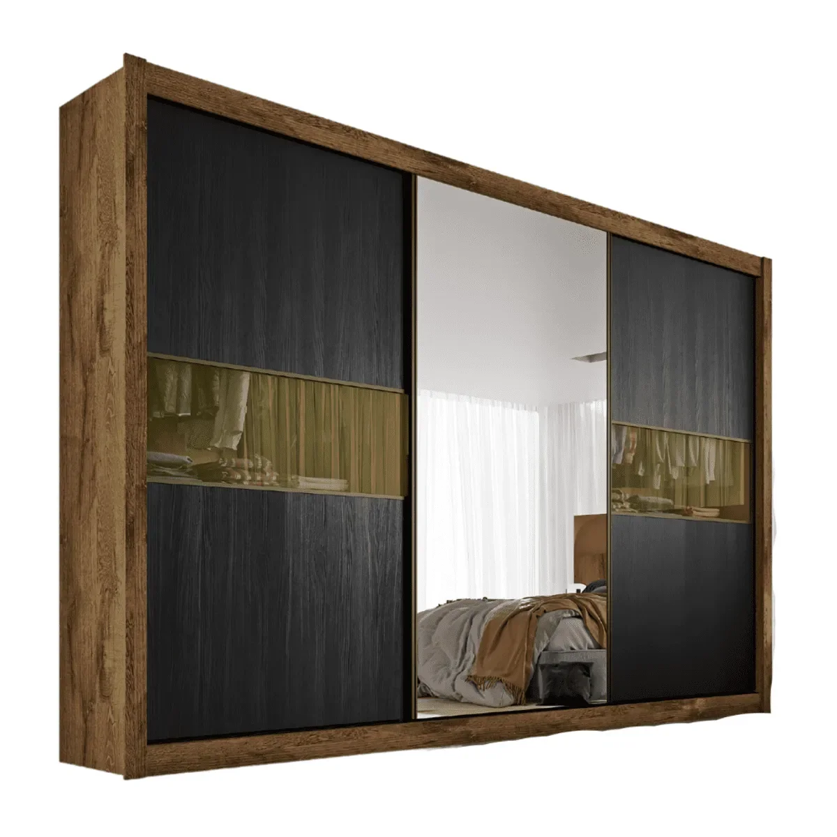 Guarda Roupa 3 Portas 6 Gavetas com Espelho Genebra Móveis Europa:Brauna Preto Absoluto Sepia - 1