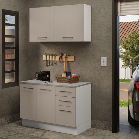 Kit com Balcão e Armário Aéreo Multiuso 120cm Branco/crema Agata Madesa Branco/crema