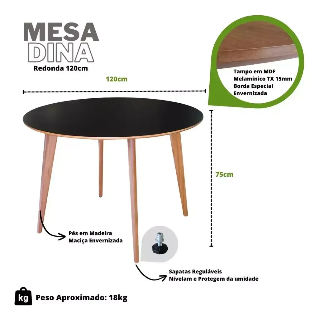 Mesa de Madeira Redonda 1m Preto - Dina - 4
