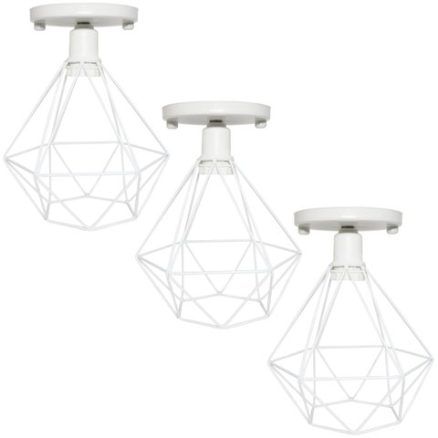 3 Lustres Teto Plafon Industrial Aramado Diamante Retrô Luminária Sobrepor Vintage Branco Agp Agp Il