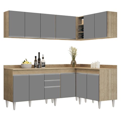 Armário de Cozinha Modulado de Canto 6 Peças Cp29 Balcão com Tampo Castanho/cinza - Lumil Lumil Móve