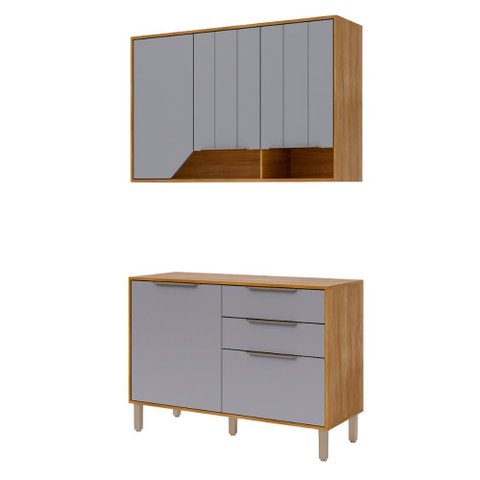 Balcão com Aéreo Celeste 120 Cm com 5 Portas Cinamomo/platina
