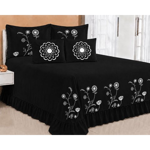 Kit Cobre Leito Casal Queen Encanto 07 Peças Bordado Colcha - Preto