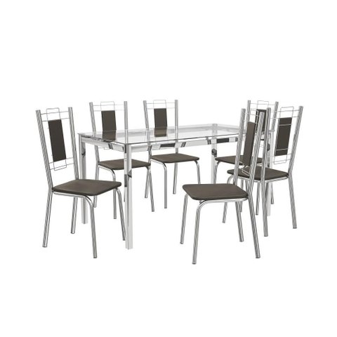Conjunto Sala de Jantar 6 Cadeiras Mesa Tampo de Vidro Kappesberg Crome Cromado/marrom