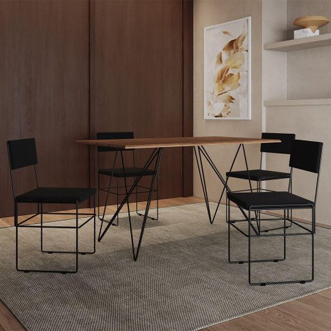 Mesa Jantar Industrial Trama 1,40x0,80m Amêndoa com 4 Cadeiras Estofadas Vitória Preta Marrom