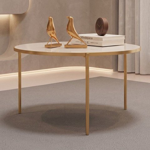 Mesa de Centro Redonda Pés Metálico Dourada Cleia Off White