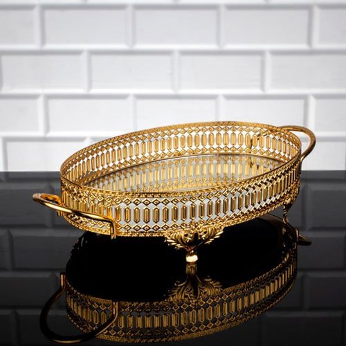 Bandeja Espelhado Oval Dourado - 7x36x20cm - Bandeja de Luxo em Metal de Design Exclusivo