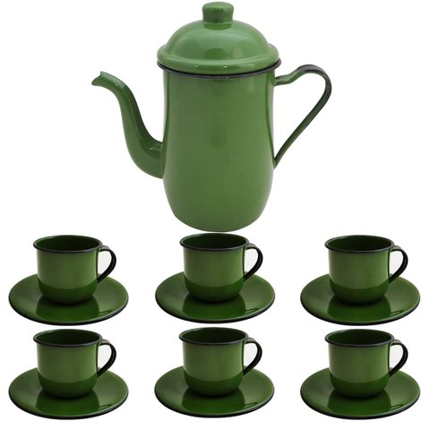 Kit Bule De Café E Chá Com 6 Xícaras e Pires Aço Esmaltado Verde Botânico