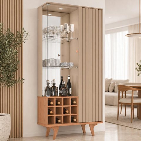Cristaleira para Sala de Jantar com Adega 2 Portas Vidro Ripada Toscânia B02 Fendi Freijó - Lyam