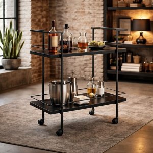 Bar Móvel Carrinho Organizador com Rodinha Mesa Apoio Jantar:preto
