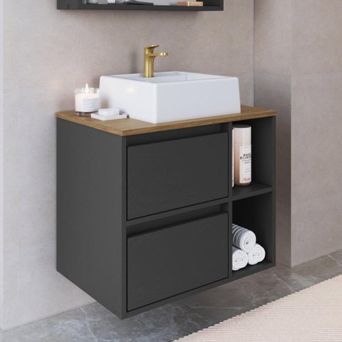 Gabinete de Banheiro com Cuba 1 Porta 1 Gaveta 60cm Suspenso Multimóveis Crpro-BAL019 Mel/Grafite