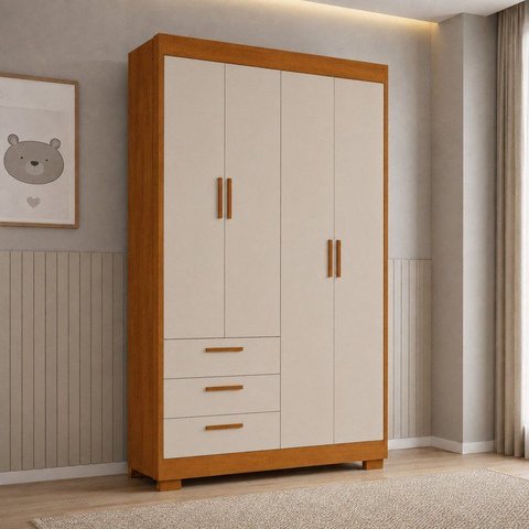 Guarda-Roupa Zaki para Quarto de Bebê 100% MDF 4 Portas e 3 Gavetas Areia Fosco/Savana