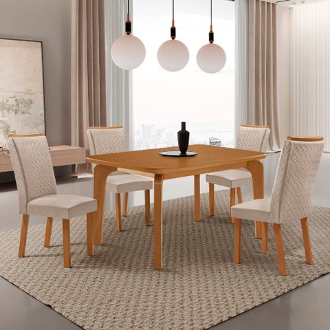 Mesa de Jantar Liz 120cm Tampo MDF Laminado Canto Copo com 4 Cadeiras Lisa Moderna Mobília
