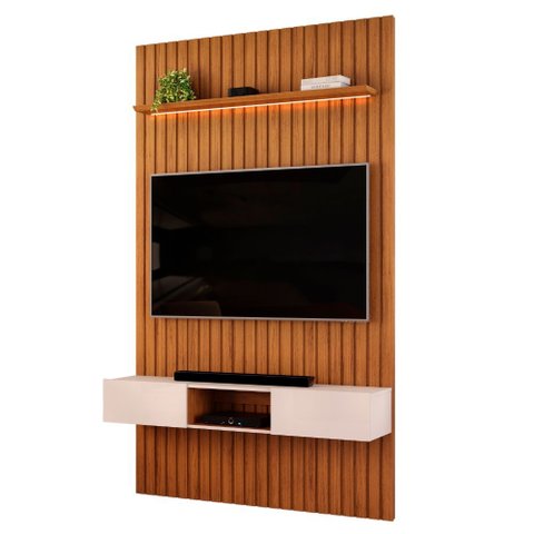 Painel para Tv até 55 Polegadas 1,43m Ripado Autêntico com Led e Nicho Montreal Madeirado/off