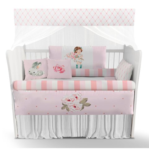 Kit Berço Enxoval de Bebê Floral Menina Rosa Campo