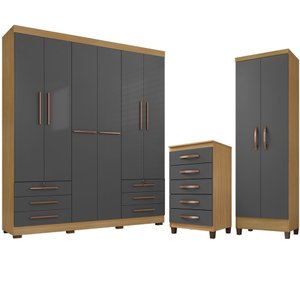 Kit Guarda Roupa Casal 6 Portas, Cômoda 5 Gavetas e Multiuso 2 Portas Carvalho Grafite Clique Chique