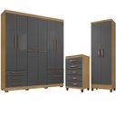 Ver imagem 1 de Kit Guarda Roupa Casal 6 Portas, Cômoda 5 Gavetas e Multiuso 2 Portas Carvalho Grafite Clique Chique