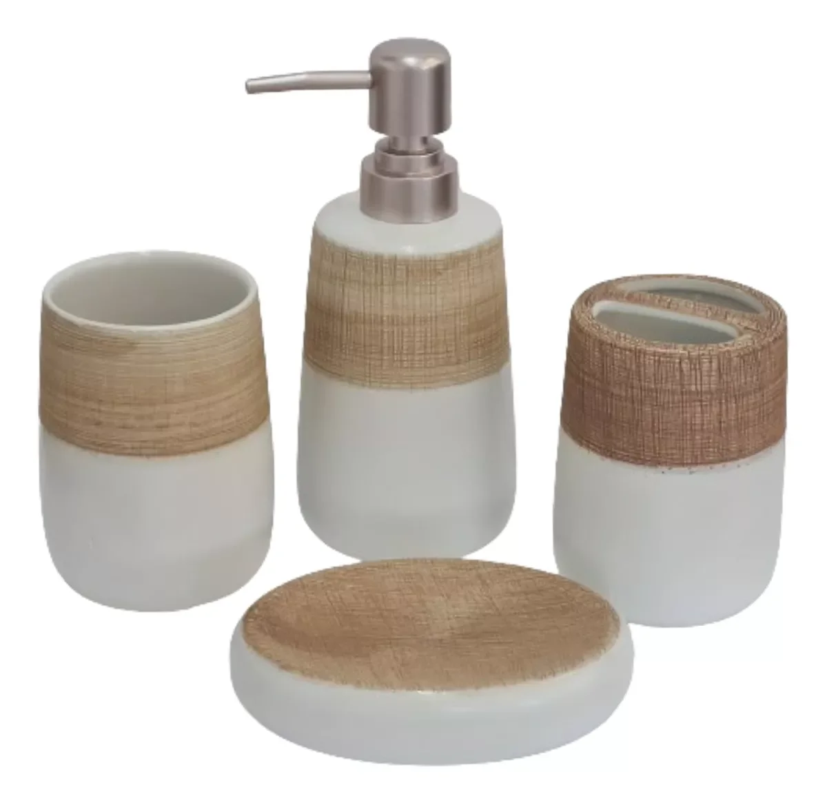 Ver imagem 2 de Kit Banheiro Branco Lavabo 4 Peças Porta Sabonete Liquído Mesclado Marrom