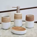 Ver imagem 1 de Kit Banheiro Branco Lavabo 4 Peças Porta Sabonete Liquído Mesclado Marrom