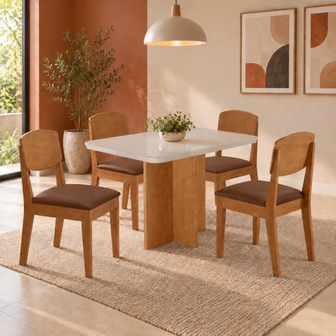 Conjunto Sala de Jantar Mesa Moscou Tp Vidro Canto Copo com 4 Cadeiras Cleo