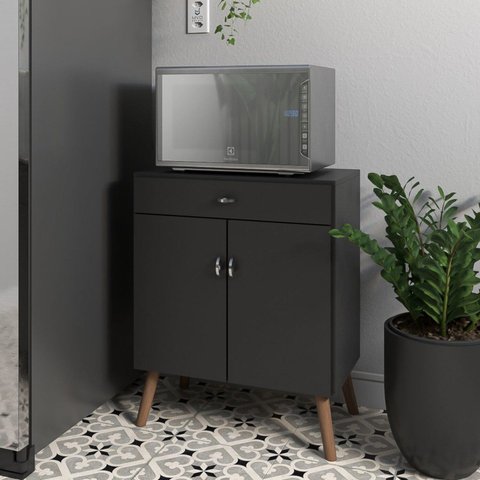 Balcão Cozinha para Micro-Ondas 2 Portas 1 Gaveta Pés Palito MDF Preto Retrô