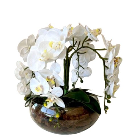 Arranjo de Mesa com 4 Flores Orquídeas Brancas Vaso Vidro