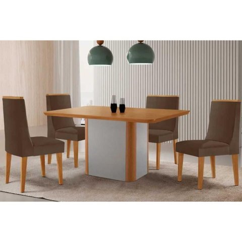 Conjunto: Mesa Sala Jantar Pietá C/ Tampo Madeirado Canto Curvo 120x80cm e 4 Cadeiras Dakota