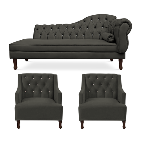 Kit Divã Cancun 160cm Braço Esquerdo + 2 Poltronas Genesis com Strass Suede: Marrom