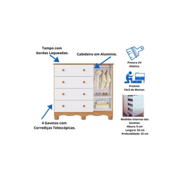 Cômoda Infantil Tedy Peroba em 100% Mdf Branco com Amêndoa - 3