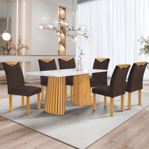 Mesa de Jantar 6 Lugares Stella com Vidro Ripado Cinamomo/off White/marrom - Cel Móveis