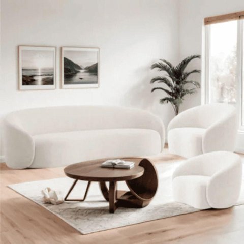 Sofá Amore 3 Lugares Fixo 200cm Branco Bouclé com 2 Poltronas Mabe Magazine