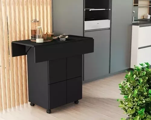 Mesa De Cozinha Dobrável 90cm Annie C/ Bancos e Rodizio 100% Mdf -Preto - 2
