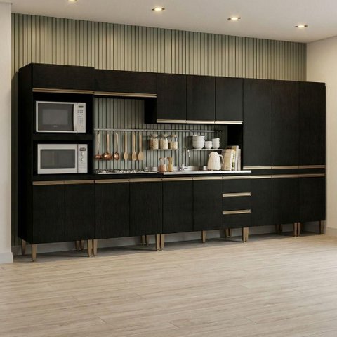 Cozinha Completa Milão 7 Módulos MDF-MDP 400cm Preto Menu Móveis