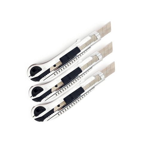 Kit 3 Estilete Largo 18x100mm de Metal e Plástico Com Reservatório Para Lâminas Trava de Segurança +