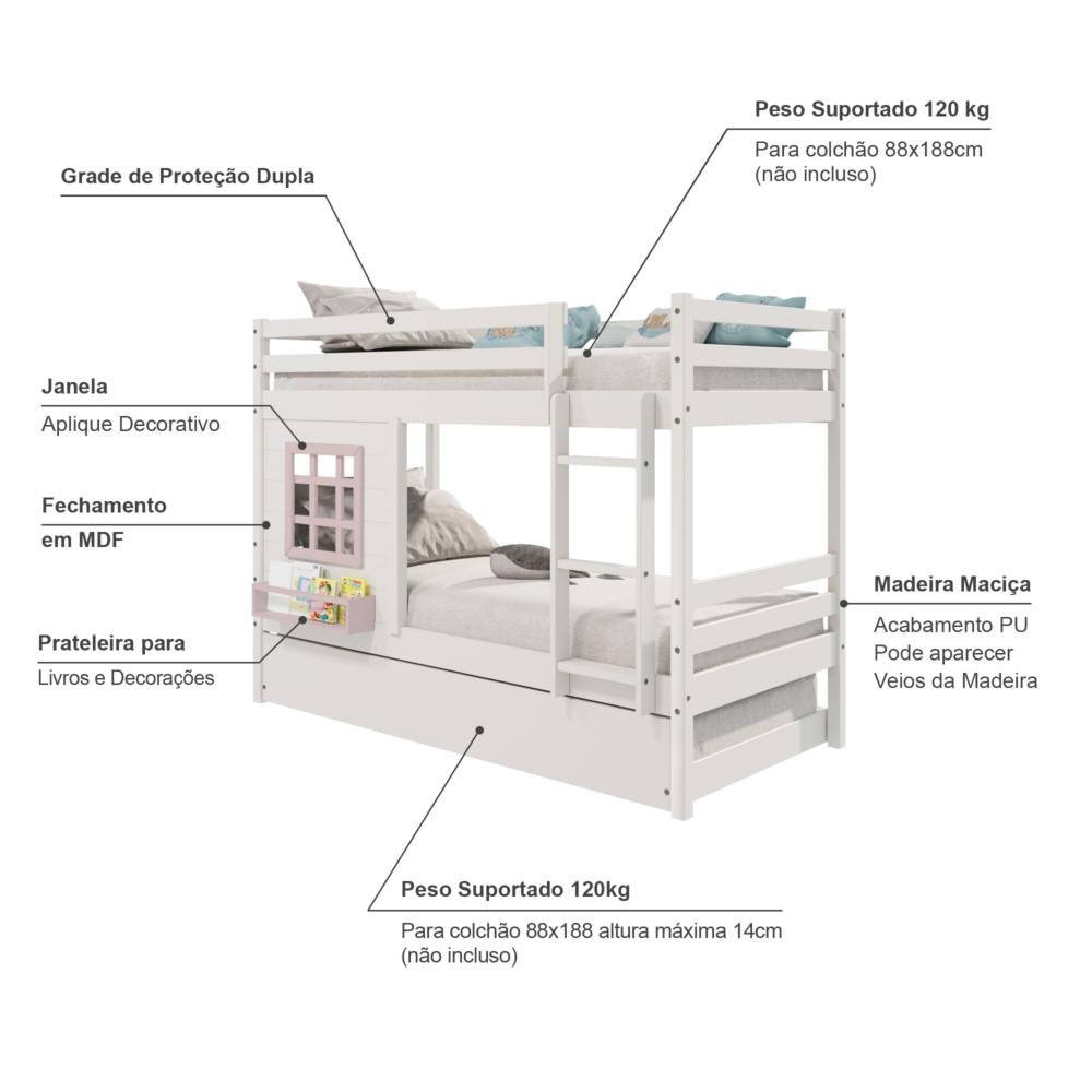 Treliche Infantil com Janela Madeira Maciça Branco/ Rosa Housin - 3