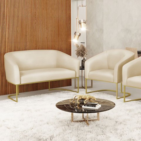 Sofá Namoradeira e 1 Poltrona Stella Industrial Dourado Sintético D03 - D’Rossi
