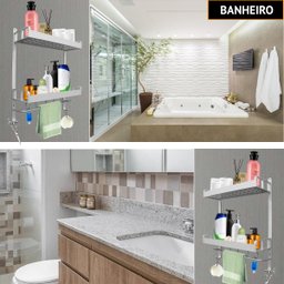 Suporte Duplo Prateleira Toalheiro Porta Shampoo Parede Com Ganchos - 3